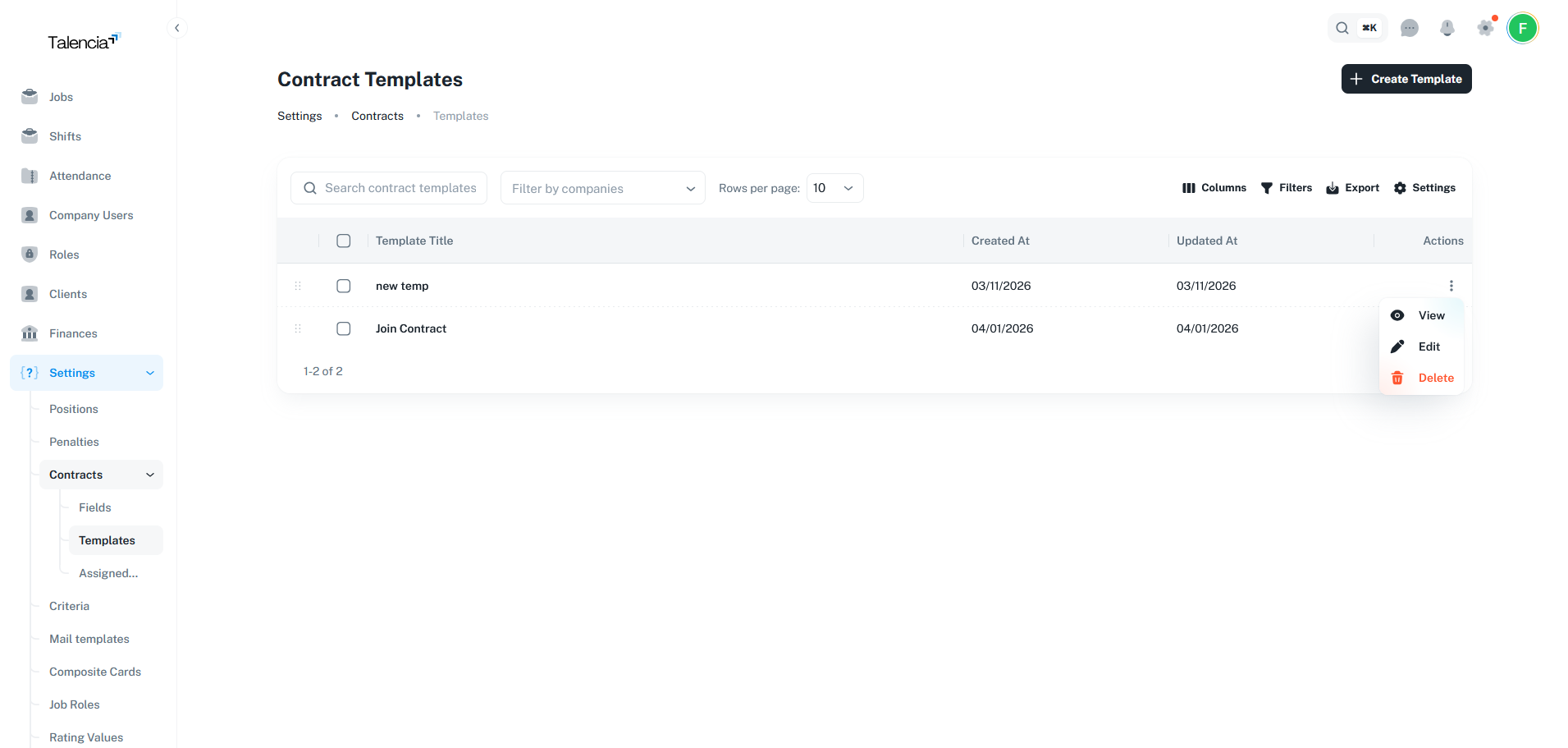 Contract Templates List