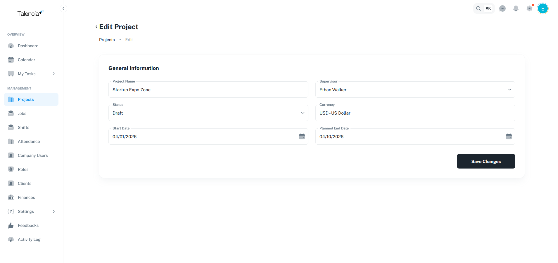 Edit Project Interface