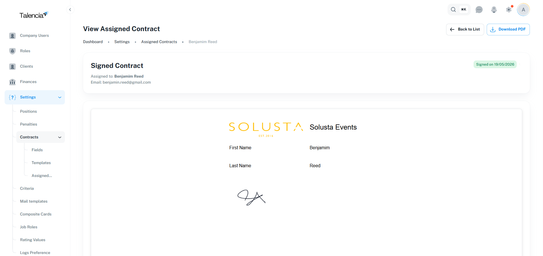 Signed Contract Admin View